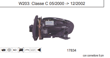 Corps rétroviseur gauche electrique rabattable W203  2000-2002 